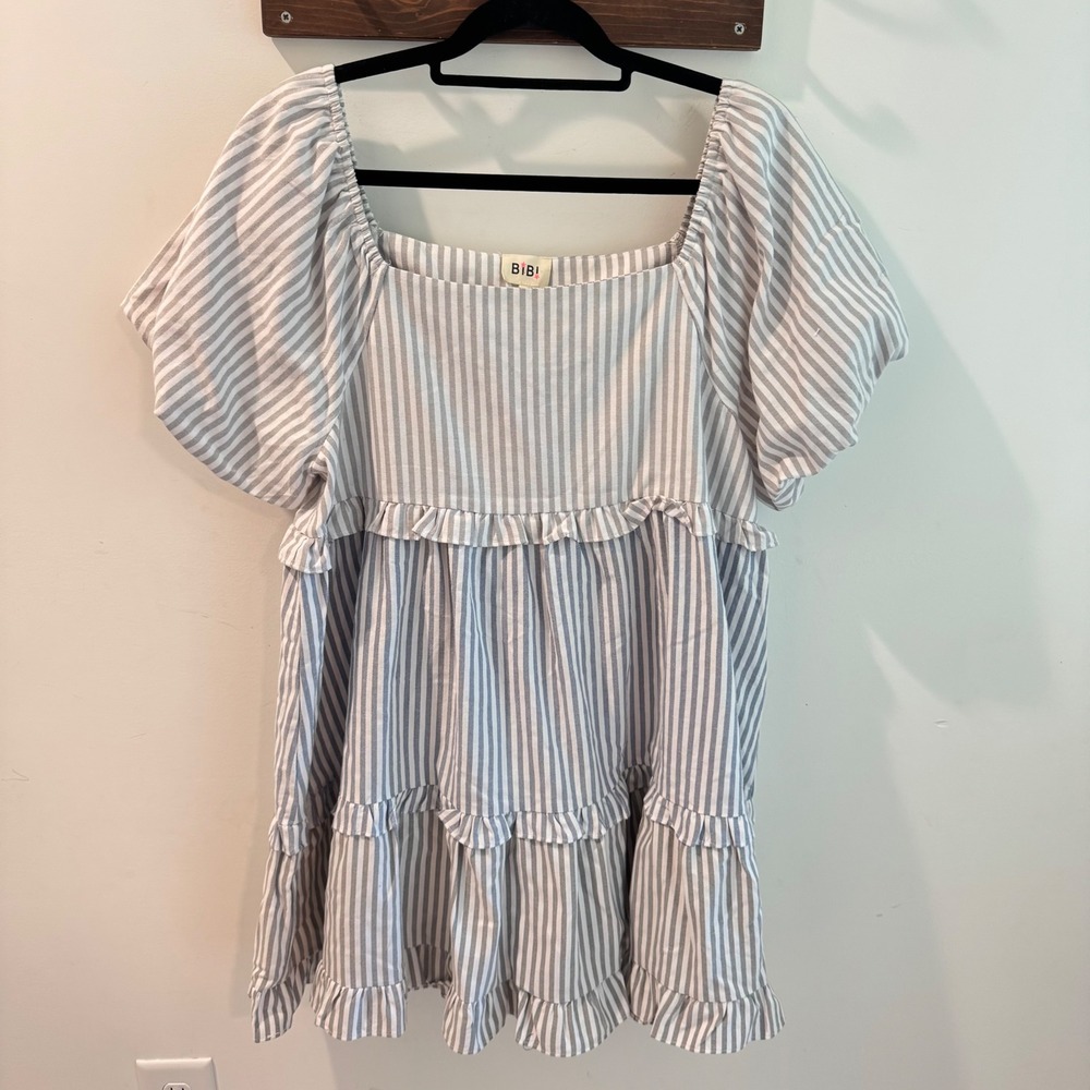 BIBI Blue White Striped Tiered Babydoll Mini Dress Puff Sleeve XL NWT